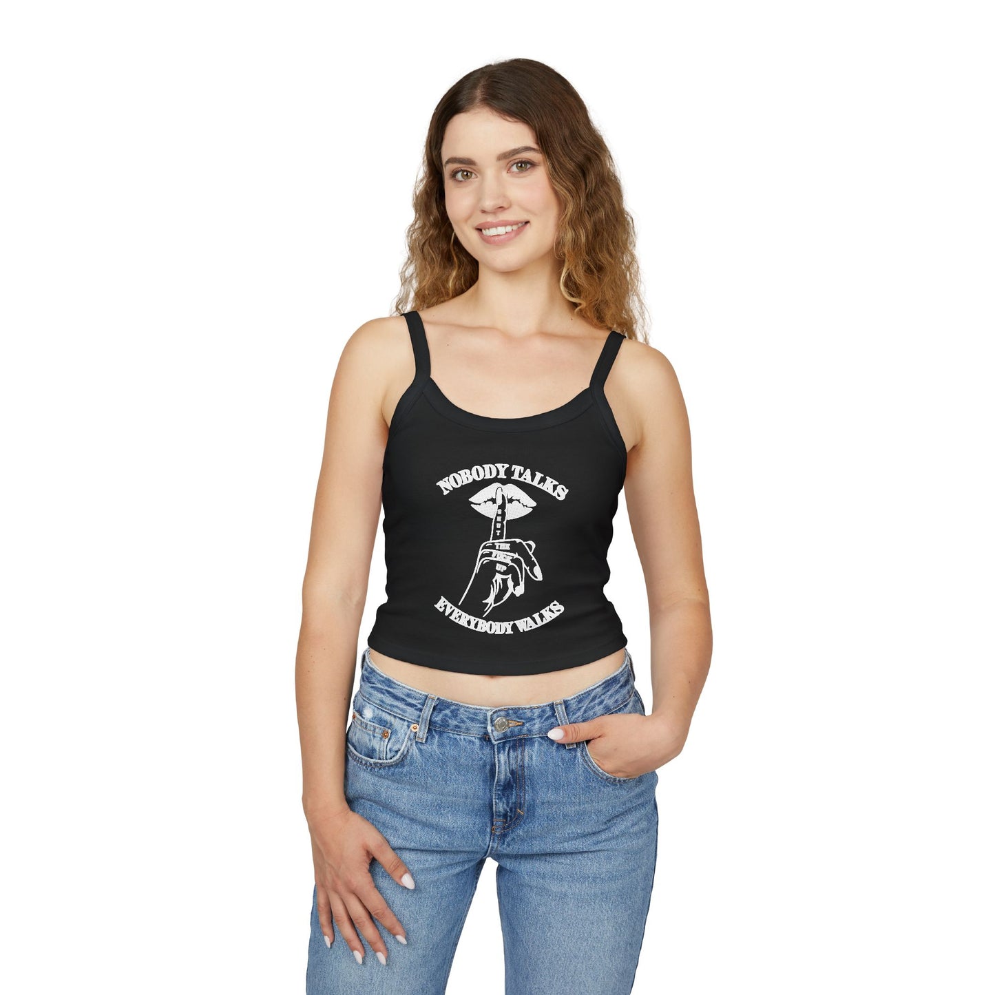 Spaghetti Tank — "Don't Talk" Shh Graphic Crop Top